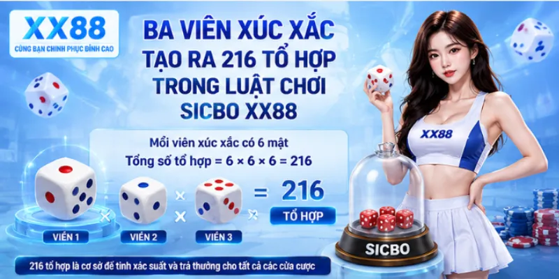 Ba viên xúc xắc tạo ra 216 tổ hợp trong luật chơi sicbo XX88